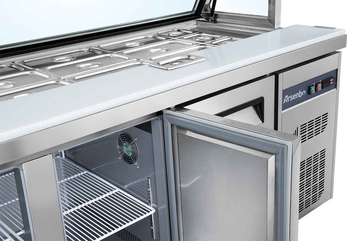 Anticorrosive SS304 Two Door Prep Fridge , 220V Stainless Steel Pizza Prep Table
